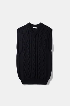 Best Sale Braided Vest Plain Navy Men Knitwear