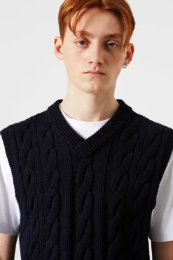 Best Sale Braided Vest Plain Navy Men Knitwear