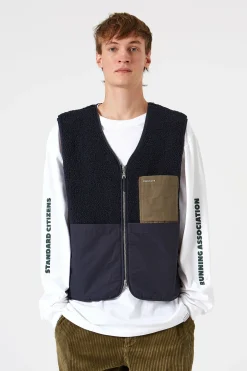 Clearance Shearling Vest Plain Navy Men Outerwear
