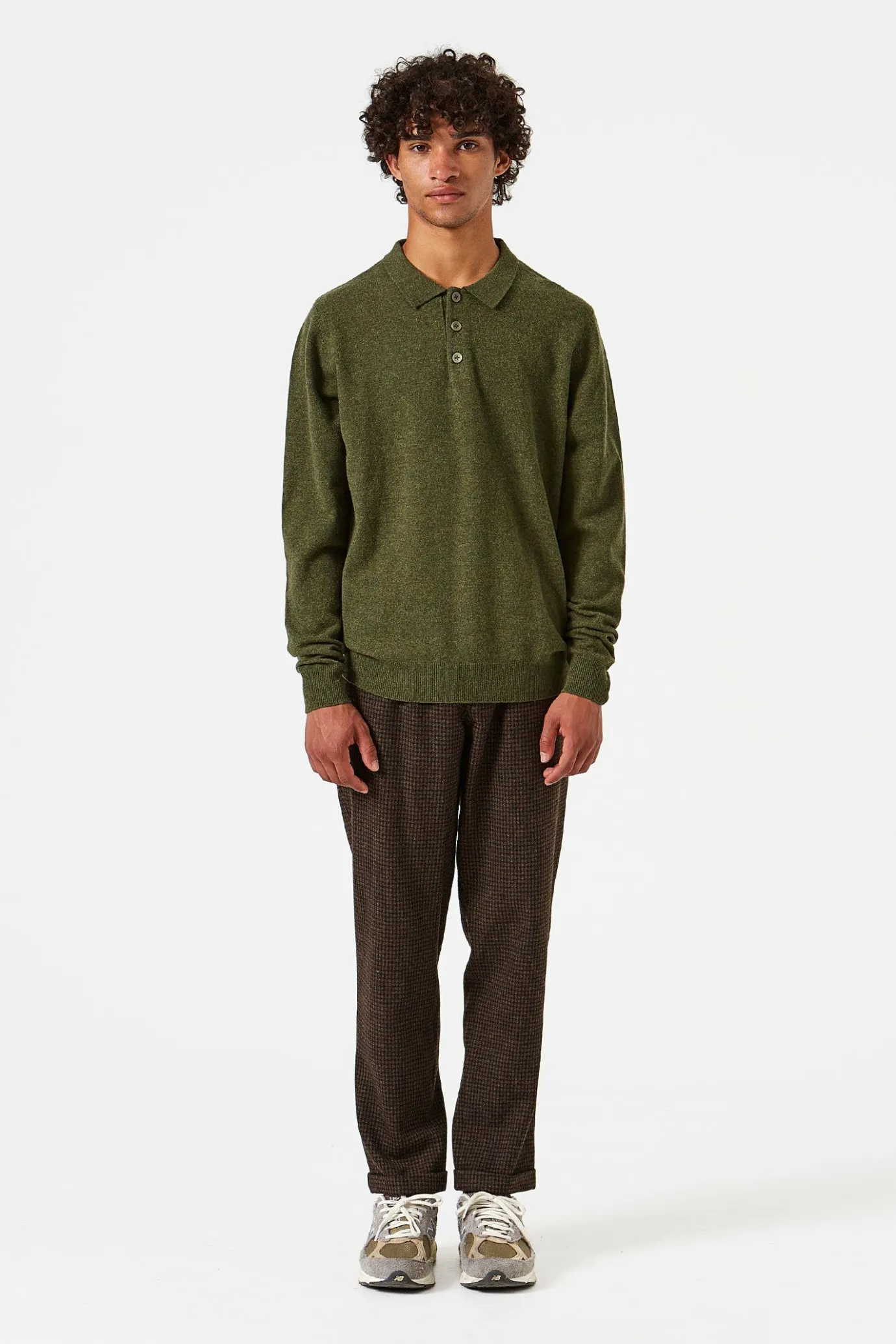 Fashion Wool Polo Plain Olive Men Knitwear