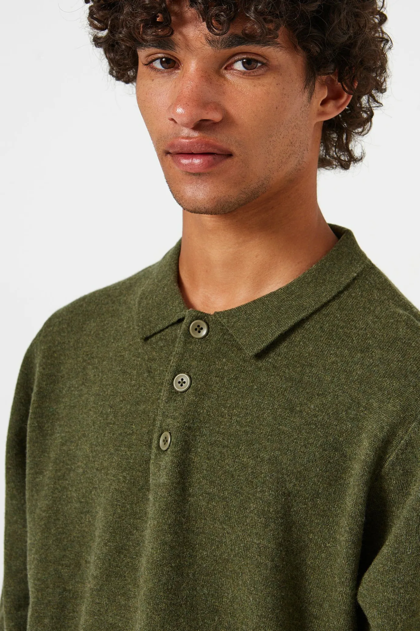 Fashion Wool Polo Plain Olive Men Knitwear